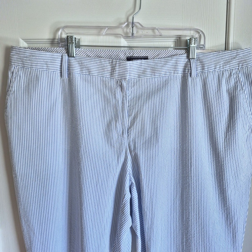 Lands End seersucker blue white stripe mid rise straight cropped pants women 22W - Picture 2 of 16